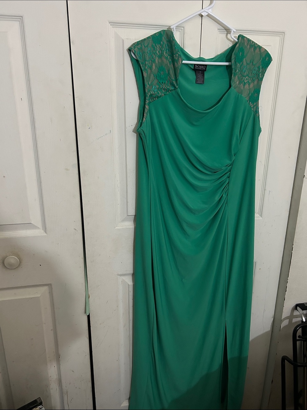 Soho Green Lace-Shoulder Draped Maxi Dress